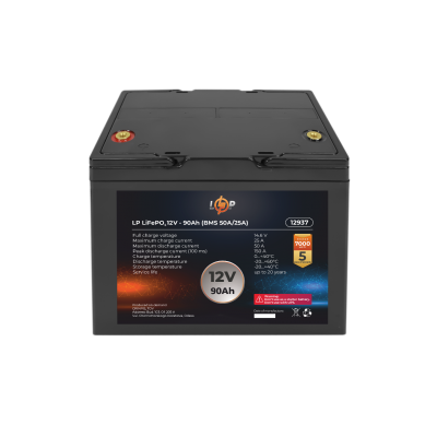 Акумулятор LP LiFePO4 12V (12,8V) - 90 Ah (1152Wh) (BMS 50A/25A) пластик Акумулятор LP LiFePO4 12V (12,8V) - 90 Ah (1152Wh) (BMS 50A/25A) пластик