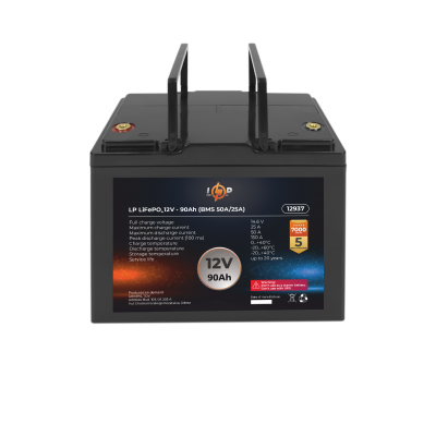 Акумулятор LP LiFePO4 12V (12,8V) - 90 Ah (1152Wh) (BMS 50A/25A) пластик Акумулятор LP LiFePO4 12V (12,8V) - 90 Ah (1152Wh) (BMS 50A/25A) пластик