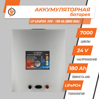 Акумулятор LP LiFePO4 24V (25,6V) - 180 Ah (4608Wh) (BMS 80A) металл Акумулятор LP LiFePO4 24V (25,6V) - 180 Ah (4608Wh) (BMS 80A) металл