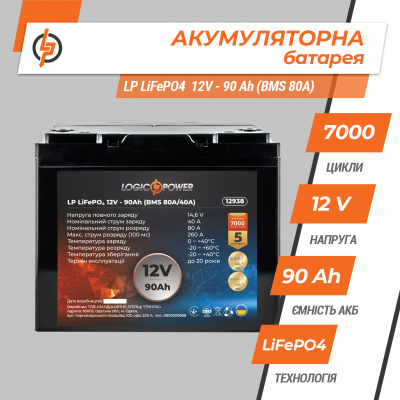 Акумулятор LP LiFePO4 12V (12,8V) - 90 Ah (1152Wh) (BMS 80A/40A) пластик Акумулятор LP LiFePO4 12V (12,8V) - 90 Ah (1152Wh) (BMS 80A/40A) пластик