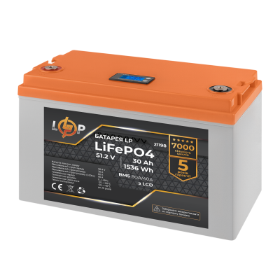 Акумулятор LP LiFePO4 LCD 51,2V - 30 Ah (1536Wh) (BMS 80A/40А) пластик Акумулятор LP LiFePO4 LCD 51,2V - 30 Ah (1536Wh) (BMS 80A/40А) пластик