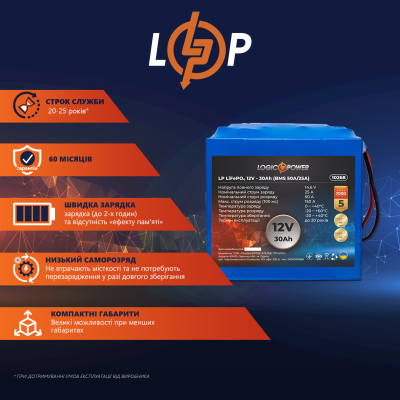Акумулятор LP LiFePO4 12V - 30 Ah (BMS 50A/25A) Акумулятор LP LiFePO4 12V - 30 Ah (BMS 50A/25A)