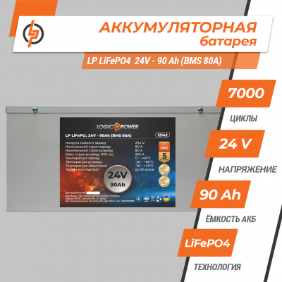 Акумулятор LP LiFePO4 24V (25,6V) - 90 Ah (2304Wh) (BMS 80A) металл Акумулятор LP LiFePO4 24V (25,6V) - 90 Ah (2304Wh) (BMS 80A) металл