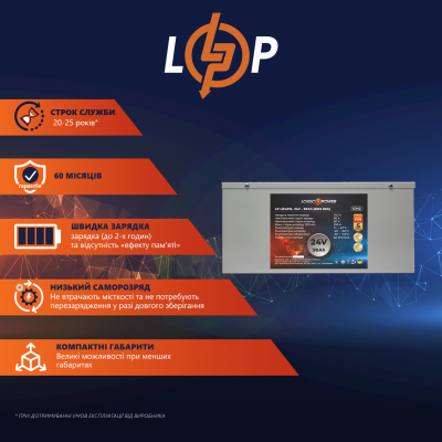 Акумулятор LP LiFePO4 24V (25,6V) - 90 Ah (2304Wh) (BMS 80A) металл Акумулятор LP LiFePO4 24V (25,6V) - 90 Ah (2304Wh) (BMS 80A) металл