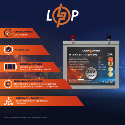 Акумулятор LP LiFePO4 24V (25,6V) - 30 Ah (768Wh) (BMS 20A) металл Акумулятор LP LiFePO4 24V (25,6V) - 30 Ah (768Wh) (BMS 20A) металл