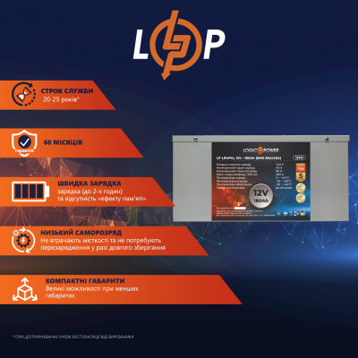 Акумулятор LP LiFePO4 12V (12,8V) - 180 Ah (2304Wh) (BMS 80A/40A) металл Акумулятор LP LiFePO4 12V (12,8V) - 180 Ah (2304Wh) (BMS 80A/40A) металл