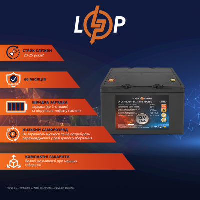 Акумулятор LP LiFePO4 12V - 80 Ah (BMS 50A/25А) пластик Акумулятор LP LiFePO4 12V - 80 Ah (BMS 50A/25А) пластик