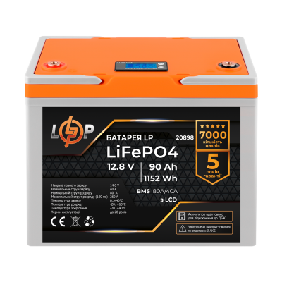 Акумулятор LP LiFePO4 для ДБЖ LCD 12V (12,8V) - 90 Ah (1152Wh) (BMS 80A/40A) пластик Акумулятор LP LiFePO4 для ДБЖ LCD 12V (12,8V) - 90 Ah (1152Wh) (BMS 80A/40A) пластик