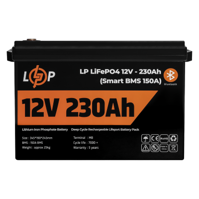 Акумулятор LP LiFePO4 12V (12,8V) - 230 Ah (2944Wh) (Smart BMS 150А) з BT пластик для ДБЖ Акумулятор LP LiFePO4 12V (12,8V) - 230 Ah (2944Wh) (Smart BMS 150А) з BT пластик для ДБЖ