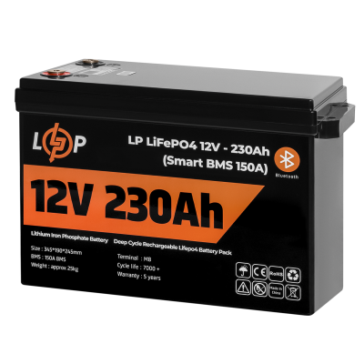 Акумулятор LP LiFePO4 12V (12,8V) - 230 Ah (2944Wh) (Smart BMS 150А) з BT пластик для ДБЖ Акумулятор LP LiFePO4 12V (12,8V) - 230 Ah (2944Wh) (Smart BMS 150А) з BT пластик для ДБЖ