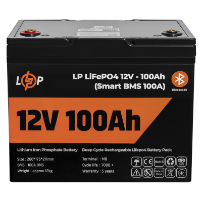 Акумулятор LP LiFePO4 12V (12,8V) - 100 Ah (1280Wh) (Smart BMS 100А) з BT пластик для ДБЖ Акумулятор LP LiFePO4 12V (12,8V) - 100 Ah (1280Wh) (Smart BMS 100А) з BT пластик для ДБЖ