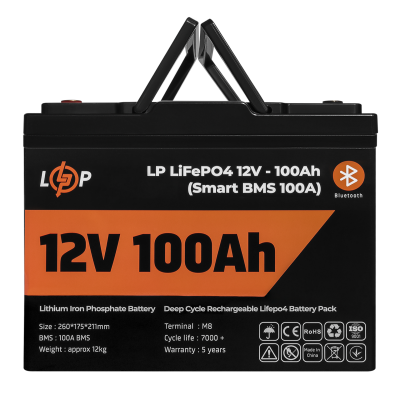 Акумулятор LP LiFePO4 12V (12,8V) - 100 Ah (1280Wh) (Smart BMS 100А) з BT пластик для ДБЖ Акумулятор LP LiFePO4 12V (12,8V) - 100 Ah (1280Wh) (Smart BMS 100А) з BT пластик для ДБЖ
