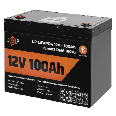 Акумулятор LP LiFePO4 12V (12,8V) - 100 Ah (1280Wh) (Smart BMS 100А) з BT пластик для ДБЖ Акумулятор LP LiFePO4 12V (12,8V) - 100 Ah (1280Wh) (Smart BMS 100А) з BT пластик для ДБЖ