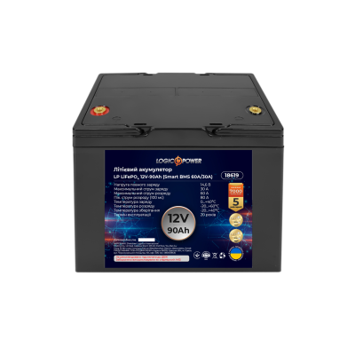 Акумулятор LP LiFePO4 12V (12,8V) - 90 Ah (1152Wh) (Smart BMS 60A/30А) пластик Акумулятор LP LiFePO4 12V (12,8V) - 90 Ah (1152Wh) (Smart BMS 60A/30А) пластик