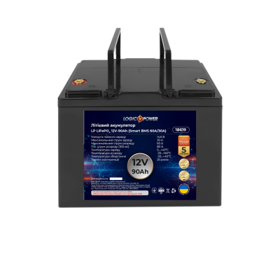 Акумулятор LP LiFePO4 12V (12,8V) - 90 Ah (1152Wh) (Smart BMS 60A/30А) пластик Акумулятор LP LiFePO4 12V (12,8V) - 90 Ah (1152Wh) (Smart BMS 60A/30А) пластик