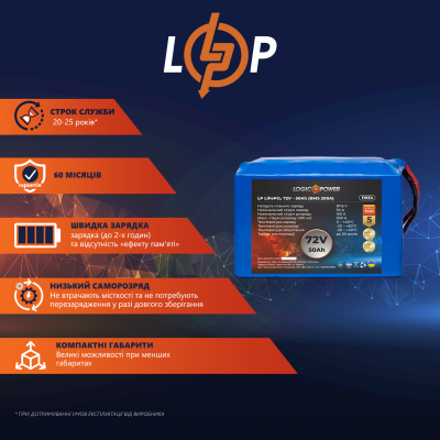 Акумулятор LP LiFePO4 72V (76,8V) - 50 Ah (3840Wh) (BMS 200A) Акумулятор LP LiFePO4 72V (76,8V) - 50 Ah (3840Wh) (BMS 200A)