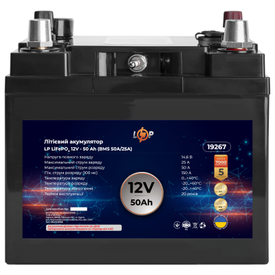 Акумулятор переносний з USB та роз. 12V LP LiFePO4 12V (12,8V) - 50 Ah (640Wh) (BMS 50A/25А) пластик с З.У. Акумулятор переносний з USB та роз. 12V LP LiFePO4 12V (12,8V) - 50 Ah (640Wh) (BMS 50A/25А) пластик с З.У.