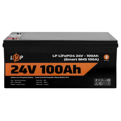 Акумулятор LP LiFePO4 24V (25,6V) - 100 Ah (2560Wh) (Smart BMS 100А) з BT пластик для ДБЖ Акумулятор LP LiFePO4 24V (25,6V) - 100 Ah (2560Wh) (Smart BMS 100А) з BT пластик для ДБЖ