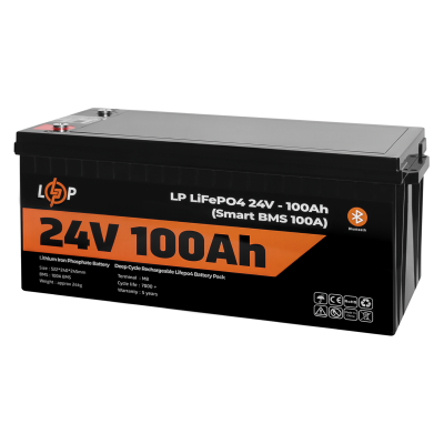Акумулятор LP LiFePO4 24V (25,6V) - 100 Ah (2560Wh) (Smart BMS 100А) з BT пластик для ДБЖ Акумулятор LP LiFePO4 24V (25,6V) - 100 Ah (2560Wh) (Smart BMS 100А) з BT пластик для ДБЖ