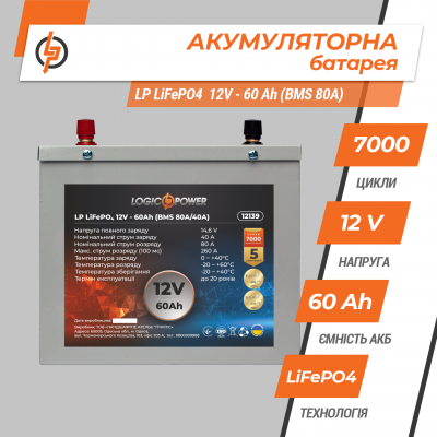 Акумулятор LP LiFePO4 12V (12,8V) - 60 Ah (768Wh) (BMS 80A/40A) металл Акумулятор LP LiFePO4 12V (12,8V) - 60 Ah (768Wh) (BMS 80A/40A) металл