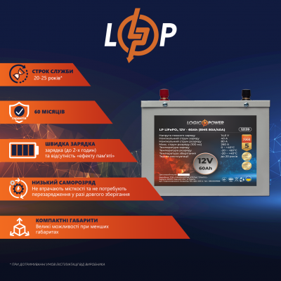 Акумулятор LP LiFePO4 12V (12,8V) - 60 Ah (768Wh) (BMS 80A/40A) металл Акумулятор LP LiFePO4 12V (12,8V) - 60 Ah (768Wh) (BMS 80A/40A) металл